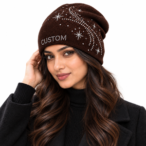 Custom Rhinestone Knit <b>Beanie</b> Women <b>Brown</b> Slouchy Winter Hat Sparkle Star Design Wholesale Fashion Streetwear Cap Bulk USA - Product Image 2