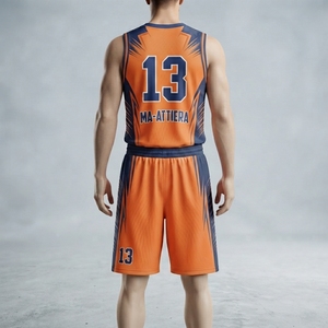 Uniforme de basket-ball pour hommes, ensemble de maillot et short imprimé par Sublimation, Orange et bleu, respirant, en Polyester, vêtements d'équipe, taille adulte - Product Image 2