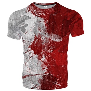 T-shirt à manches courtes col rond pour homme, motif peint à la main rouge et gris, impression par sublimation, vêtement décontracté, coupe classique, tricoté en polyester - Product Image 1