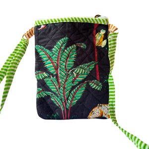 Bolso bandolera de algodón acolchado con diseño de diamantes bohemios, estampado de helechos, correa verde a rayas, cierre de cremallera, para tarjetas y móvil, bolso de mano. - Product Image 1