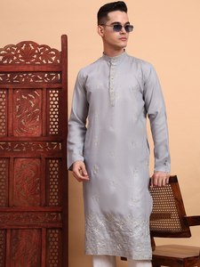 <b>Men</b> Cotton <b>Kurta</b> Embroidered Design Regular Fit Ankle-Length Traditional Indian Pakistani Casual Wear - Product Image 2