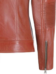 Women's <b>Brown</b> Genuine <b>Leather</b> Moto <b>Jacket</b> Full Sleeve Stand Collar Zipper Closure Autumn Style Women <b>Leather</b> <b>Jacket</b> - Product Image 5