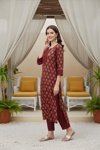 Conjunto de Kurta y Pantalón Recto de Algodón Estampado Color Granate, Cuello Redondo, Largo hasta la Pantorrilla, Traje Étnico para Uso Diario para Mujer, Tallas M, L, XL, XXL - Product Image 3