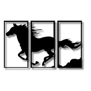 Art mural moderne en fonte à 3 panneaux représentant un cheval au galop |   Grande décoration murale en métal noir |   Décoration murale découpée au laser - Product Image 1