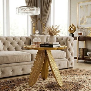 Forever Stylish Modern <b>Gold</b> Feather Side <b>Table</b> With <b>Round</b> Top For Living Room Furniture - Product Image 1