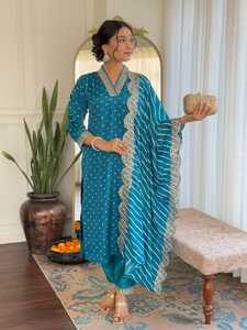 Kurti recto de viscosa Chanderi color firozi para mujer, el más vendido, con pantalón y dupatta con estampado digital. - Product Image 3