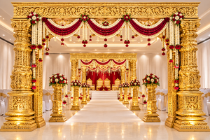 Exclusivo Mandap de Boda del Sur de la India, Diseño Tradicional con Pilares de Fibra Tallados, Mandap de Boda de Lujo en Dorado - Product Image 4