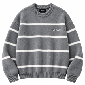 Pull en tricot rayé gris personnalisé avec logo pour homme, mélange coton-acrylique, col rond, manches longues, pull de qualité supérieure - Product Image 1