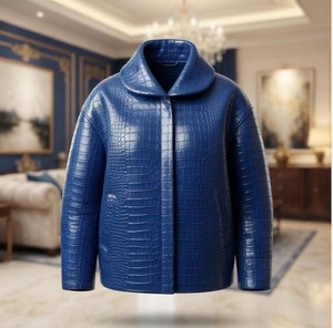 Chaqueta de Mujer con Cuello Chal en Cuero Sintético Azul Repujado, Elegante, Manga Larga, Largo Regular, Abrigo de Invierno - Product Image 1