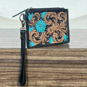 Cartera Multifuncional de Cuero Genuino con Diseño de Flor Turquesa, Elegante Portamonedas y Tarjetero, Estilo Occidental - Product Image 4