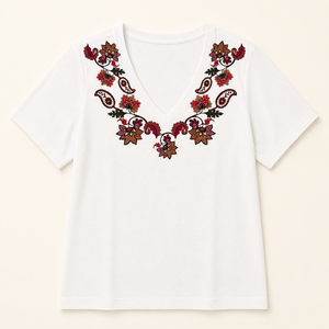 Women's 100 Cotton V Neck Paisley Print T-Shirt Short Sleeve Casual OEM ODM Manufacturer - Product Image 5
