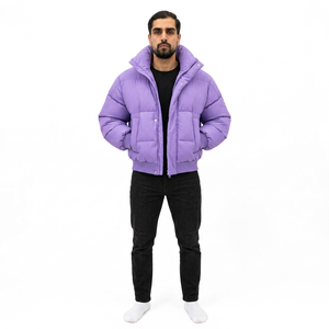 Blouson matelassé violet pour homme, col montant, fermeture éclair, rembourrage épais en polyester, coupe décontractée, à capuche, couleur unie, pour l'hiver - Product Image 2
