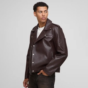 Blouson de motard en cuir véritable pour homme, coupe-vent, col mandarin, fermeture éclair asymétrique, revers à boutons-pression, épaulettes, poches zippées, logo personnalisé - Product Image 1