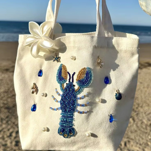 KANT K Beaded Lobster Fashion Solid Pattern Coastal Handmade <b>Beach</b> Tote <b>Bag</b> - Product Image 1