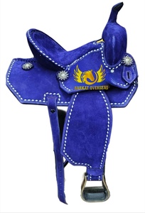Silla de montar western de cuero de ante azul con costuras blancas, duradera, para carreras de barriles, con asiento acolchado suave y portátil. - Product Image 3