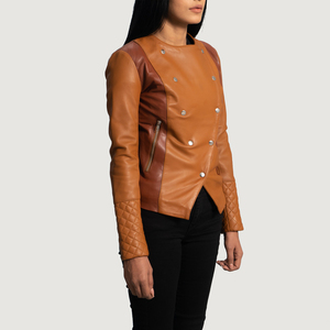 Women's Brown Genuine Leather Asymmetric Motorcycle Jacket Full Sleeve <b>Quilted</b> Double Breasted Autumn Style Regular Fit - Product Image 2