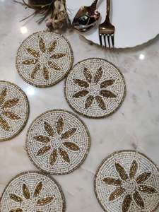 Handmade Beaded Flower Coaster Set of 1 Luxury Style Reusable Eco-Friendly Washable <b>Bar</b> <b>Mats</b> White and Gold Mosaic Design - Product Image 4