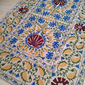 Cubrecama Bordado a Mano de Algodón y Lino Indio, Ecológico, Hermosa Manta Bohemia Suzani, Cubrecama Amarillo - Product Image 1