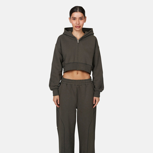 Sudadera Corta con Capucha para Mujer, Cierre de Cremallera, Color Sólido, Manga Larga, Tejida, Informal para Otoño - Product Image 1