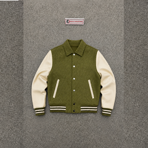 Veste universitaire décontractée PREMIUM OLIVE, modèle de maquette vue de devant, avec manches crème, col rabattu, en mélange de laine, pour l'automne - Product Image 5