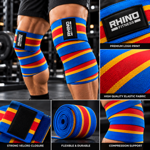 Attelles orthopédiques pour genoux RHINO FITNESS, en nylon respirant, stabilisatrices, fermeture à boucle et crochet, soulagement des gonflements, rayures bleues, rouges et jaunes, unisexe - Product Image 6