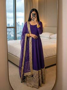 Heavy Faux Georgette Digital Print <b>Kurti</b> and Butter Silk Bottom Set Fancy Hand Work Ethnic Party Wear Full Stitched Outfit - Product Image 2
