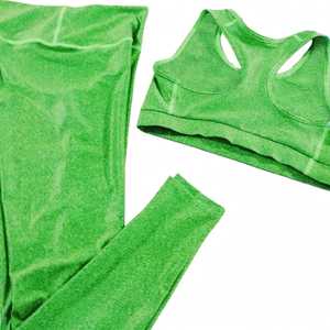 Women's High Quality 3 Piece Yoga Set Green Scoop Neck Crisscross Strap Racerback Crop Top <b>Low</b> <b>Waist</b> Full Length <b>Leggings</b> Front - Product Image 1