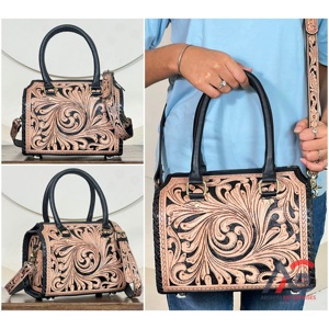 Western Style Premium Hand Tooled Floral Genuine Leather <b>Medium</b> Speedy Bag Cowgirl Satchel Crossbody Shoulder Duffel <b>Handbags</b> - Product Image 1
