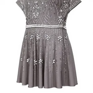 Elegant Grey V-Neck Embroidered Maxi <b>Dress</b> with Floral Beading A-Line Evening Gown Cap Sleeve Sheer Layer - Product Image 3