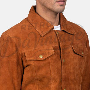 Chaqueta de cuero de gamuza marrón para hombre, estilo camionero, piel de oveja auténtica, corte ajustado, informal, con botones, estilo occidental, diseño vaquero. - Product Image 2