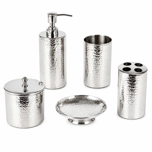 Silver Stainless Steel Hammered Bathroom Accessory Set 5 Piece Metal Bath Set With Soap Dispenser Lotion Pump <b>Toothbrush</b> <b>Holder</b> - Product Image 1