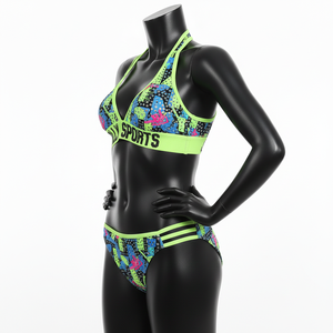 ชุดบิกินี่ผู้หญิง ผ้าโพลีเอสเตอร์ผสมสแปนเด็กซ์ 180 GSM ยืดได้ สีเขียวนีออน พิมพ์ลายหลากสี พร้อมแถบโลโก้แบบกำหนดเอง - Product Image 5