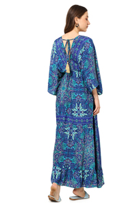 Vestido de mujer de poliéster con estampado floral, azul, con mangas acampanadas, cuello en V, informal, cómodo para el verano, estilo occidental con volantes. - Product Image 2