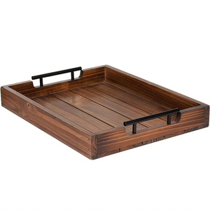 Plateau de service rectangulaire en bois populaire avec poignées métalliques pour la maison, les hôtels et les restaurants, pour servir des aliments, des collations et des boissons sur la table - Product Image 1
