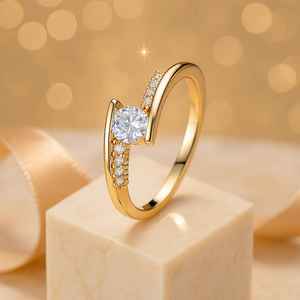 Anillo de compromiso elegante con diamante redondo cultivado en laboratorio, banda delgada, para mujer, oro sólido de 14K, con engaste abierto, para boda, propuesta de matrimonio. - Product Image 1
