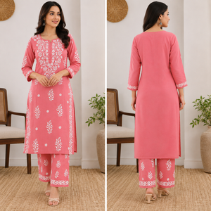 Kurti droit en coton rose corail brodé à la main style Lucknowi Chikankari - Tunique ethnique élégante pour femme - Product Image 4