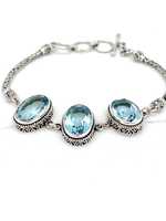 Bracelet Bali en argent sterling vintage de luxe, triple pierre ovale, améthyste, topaze bleue, plaqué or, fait main, certifié IGI