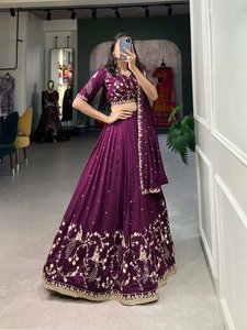 Wine Faux Vichitra <b>Silk</b> Embroidered Sequins Lehenga Wedding Wear - Product Image 3