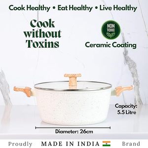 Casserole en céramique avec couvercle en verre, fond en acier inoxydable, revêtement émaillé antiadhésif, design minimaliste rond - Product Image 4