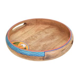 <b>Round</b> Sticker Enamel on Edge of <b>Tray</b> Base Mango Wooden Platter <b>Round</b> Serving <b>Tray</b> Ideal for Gifting Home and Kitchen Usage - Product Image 2