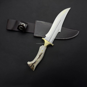 Couteau de chasse et de camping Skinner avec manche en corne de cerf, lame en acier inoxydable 4116 partiellement dentelée, avec étui en cuir, garantie de 3 ans - Product Image 3
