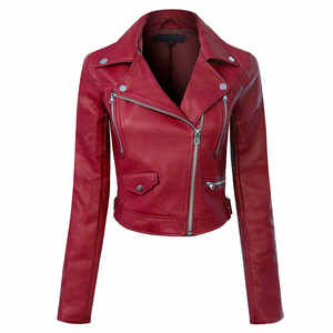 Chaqueta de cuero de cuello alto con cremallera y bolsillos, color rojo oscuro, a la moda, para mujer, al por mayor - Product Image 1