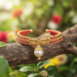 Classic Gold Plated <b>Copper</b> Brass Bridal Temple <b>Bangles</b> with Pearl and Bell Design - Product Image 3