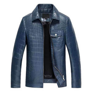Blouson Bomber Homme en Cuir Véritable Bleu Gaufré à Motifs, Col Rabattu, Fermeture Éclair, Respirant et Écologique - Product Image 1