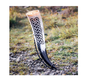 Buffalo Drinking Horn Metal Stand Home <b>Table</b> and Restaurant Viking Style Drinking Horn Natural Shape - Product Image 1