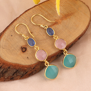 Multiple chalcedony checker cut fancy stone bezel setting drop <b>hook</b> <b>earring</b> handmade 18k gold plated gemstone dangle ear jewelry - Product Image 6
