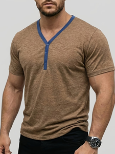 Summer Men's Short Sleeve V-Neck Open Chest T-Shirt Men's Button Base Shirt Men's T-Shirt Party Beach Vacation Summer 200g - Product Image 1