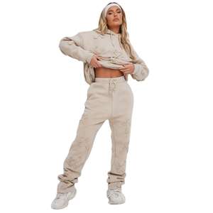 Sudadera con capucha personalizada con logo 3D al por mayor, conjunto de chándal de 450 g/m² con lavado ácido para mujer, 100% algodón, sublimación, parches y bordados. - Product Image 1