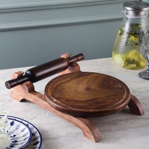Premium Eco-Friendly Wooden Chakla Belan Set Stand Handcrafted <b>Rolling</b> Board <b>Pin</b> Roti Chapati Making Traditional Kitchen Tool - Product Image 6