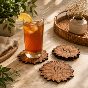 Sunflower Laser Cut Solid Wood Coaster Handcrafted Heat Resistant Drink Mat <b>Table</b> <b>Protector</b> Coffee Tea Cup Holder Home Decor - Product Image 1